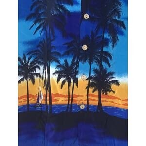 L Kensington Hawaiian Shirt Mens Blue Polyester Button Up Beach Ocean Palms VTG
